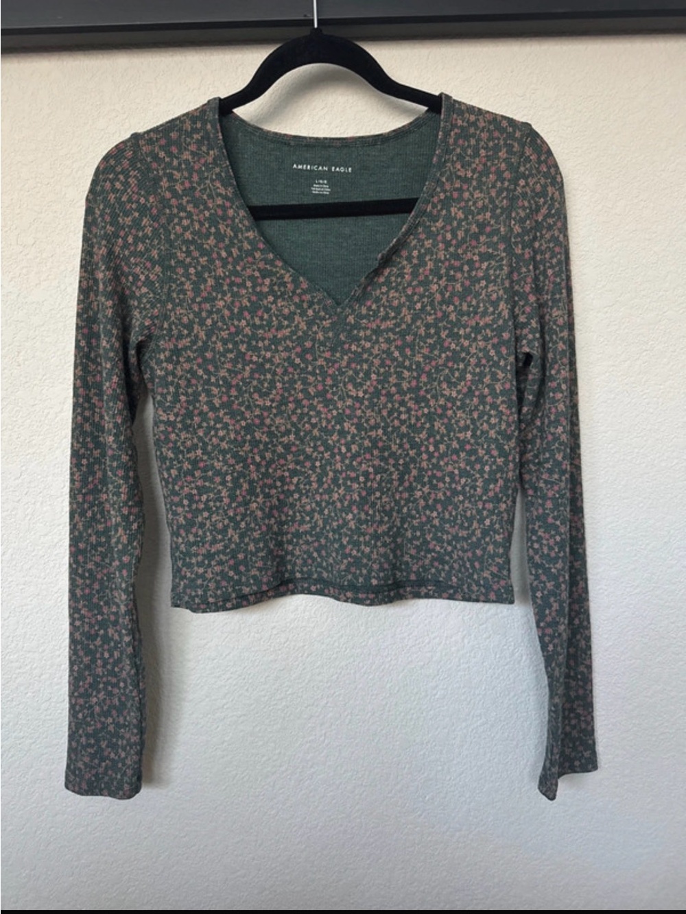 American Eagle Outfitters Green V-Neck Long Sleeve Top with Pink Floral Print